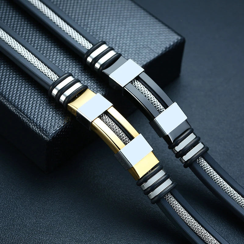Pulseira Masculina Vnox em Aço Inoxidável e Silicone – Estilo Punk Casual com Detalhe de Leme e Sulcos Pretos