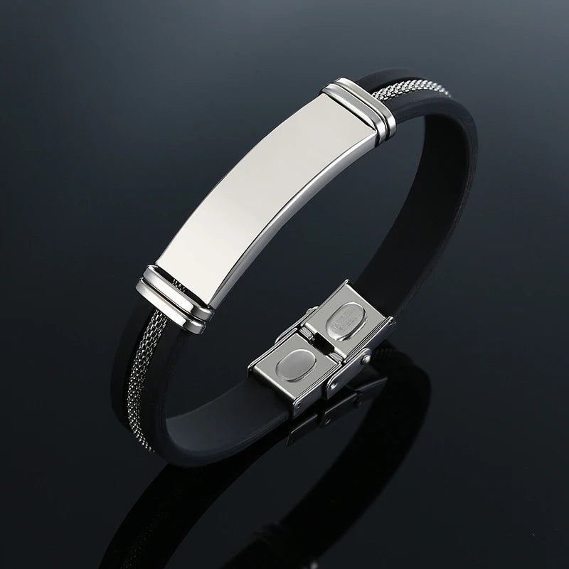 Pulseira Masculina Vnox em Aço Inoxidável e Silicone – Estilo Punk Casual com Detalhe de Leme e Sulcos Pretos