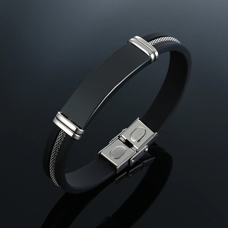Pulseira Masculina Vnox em Aço Inoxidável e Silicone – Estilo Punk Casual com Detalhe de Leme e Sulcos Pretos