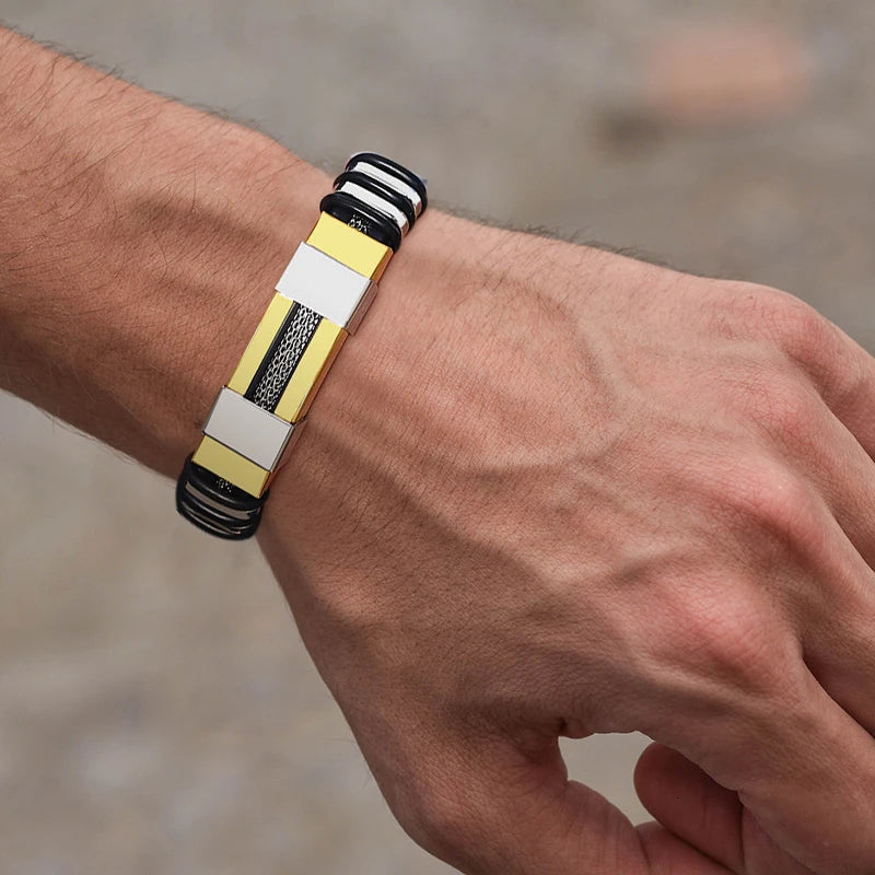 Pulseira Masculina Vnox em Aço Inoxidável e Silicone – Estilo Punk Casual com Detalhe de Leme e Sulcos Pretos