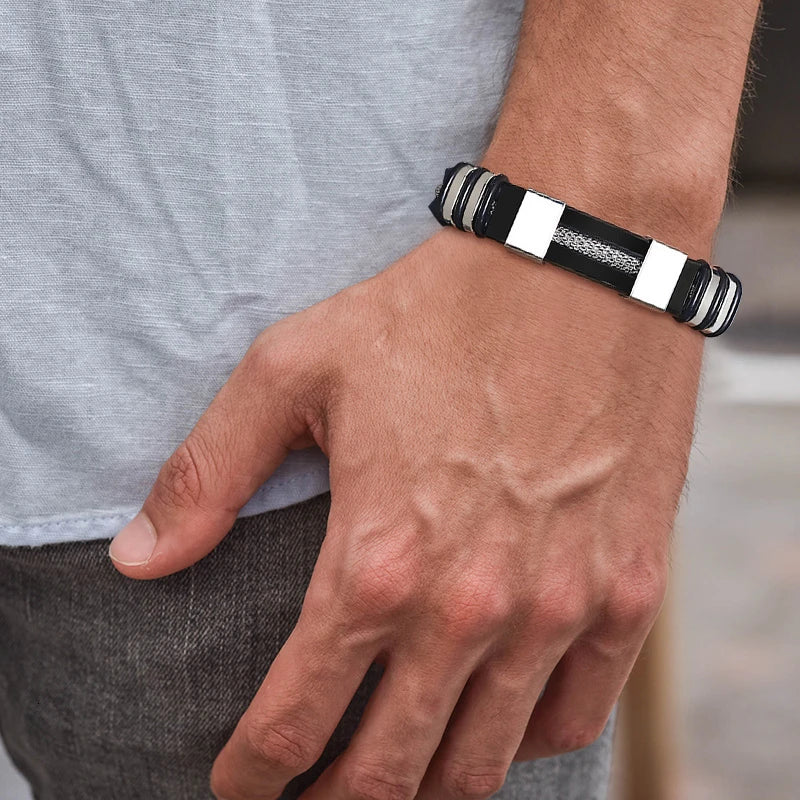 Pulseira Masculina Vnox em Aço Inoxidável e Silicone – Estilo Punk Casual com Detalhe de Leme e Sulcos Pretos