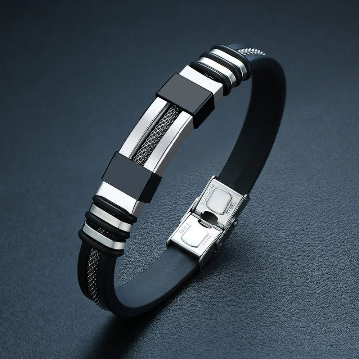 Pulseira Masculina Vnox em Aço Inoxidável e Silicone – Estilo Punk Casual com Detalhe de Leme e Sulcos Pretos