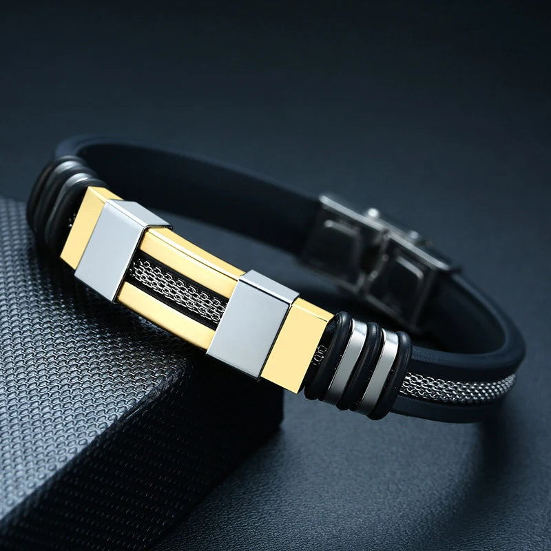 Pulseira Masculina Vnox em Aço Inoxidável e Silicone – Estilo Punk Casual com Detalhe de Leme e Sulcos Pretos