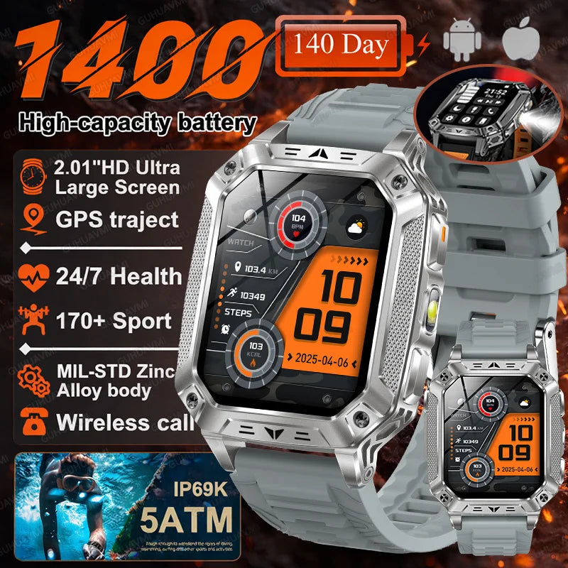 Smartwatch Militar 2026 – À Prova d'Água (5ATM), Bateria de 1400mAh, GPS, Tela AMOLED HD de 2,01"