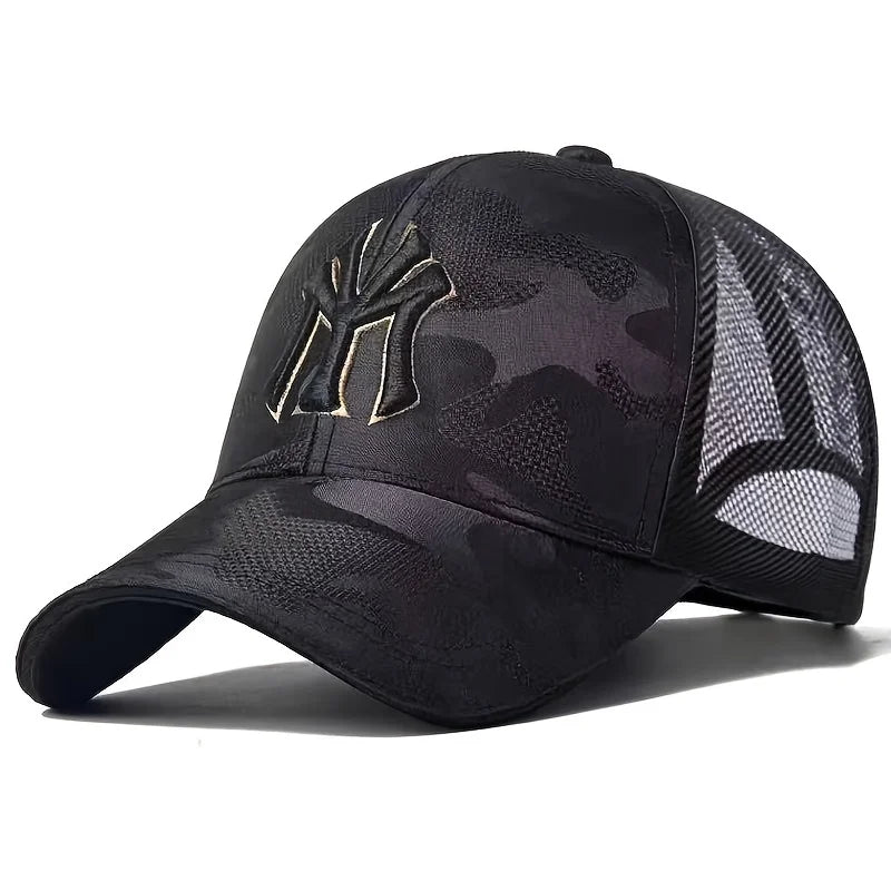 Boné de Beisebol Camuflado com Bordado de Letra – Estilo Casual e Ajustável