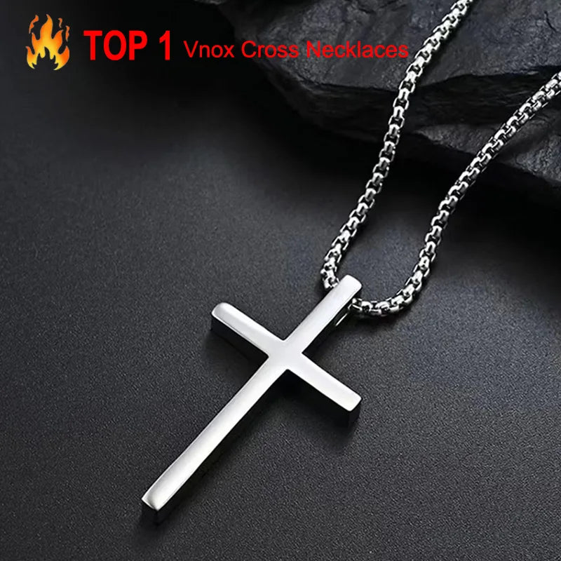 Colar com Pingente de Cruz Vnox para Homens – Pingente de Cruz em Liga Metálica Lisa com Corrente de Aço Inoxidável Tipo Veneziana