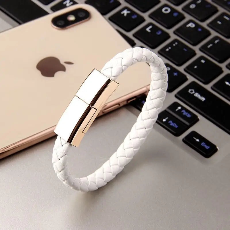 Cabo de Carregamento Rápido Portátil em Formato de Pulseira – Compatível com iPhone 11, 12, 13, 14 Pro Max, Samsung, Huawei, Xiaomi (USB, Micro-USB e Tipo-C)