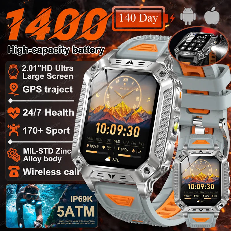 Smartwatch Militar 2026 – À Prova d'Água (5ATM), Bateria de 1400mAh, GPS, Tela AMOLED HD de 2,01"