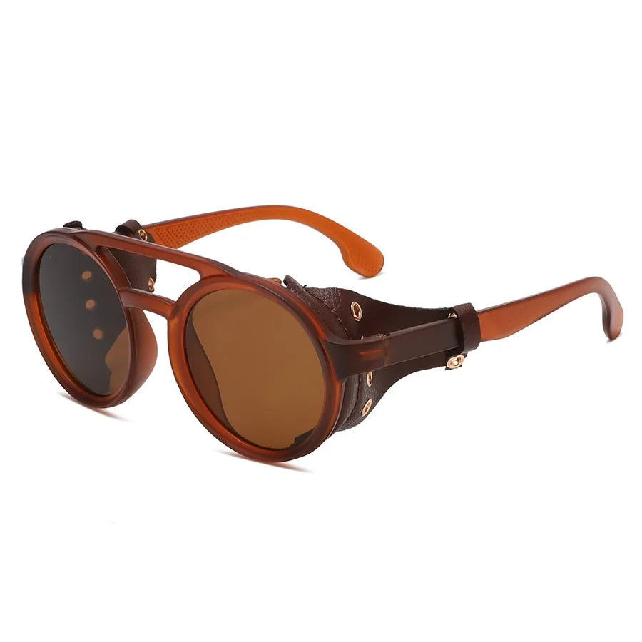 Óculos de Sol Retrô – Estilo Vintage com Detalhes em Couro, Lentes Redondas – Proteção UV400