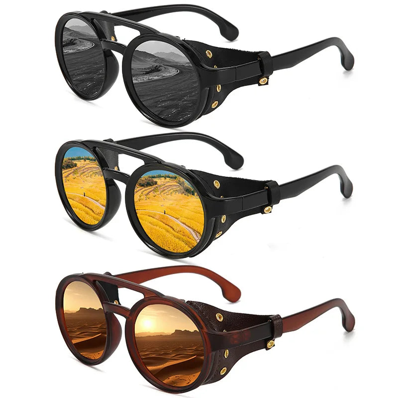 Óculos de Sol Retrô – Estilo Vintage com Detalhes em Couro, Lentes Redondas – Proteção UV400
