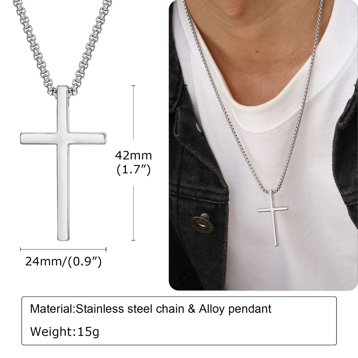 Colar com Pingente de Cruz Vnox para Homens – Pingente de Cruz em Liga Metálica Lisa com Corrente de Aço Inoxidável Tipo Veneziana