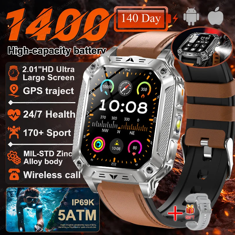 Smartwatch Militar 2026 – À Prova d'Água (5ATM), Bateria de 1400mAh, GPS, Tela AMOLED HD de 2,01"