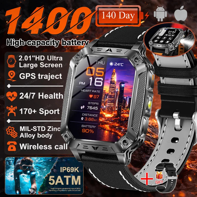 Smartwatch Militar 2026 – À Prova d'Água (5ATM), Bateria de 1400mAh, GPS, Tela AMOLED HD de 2,01"