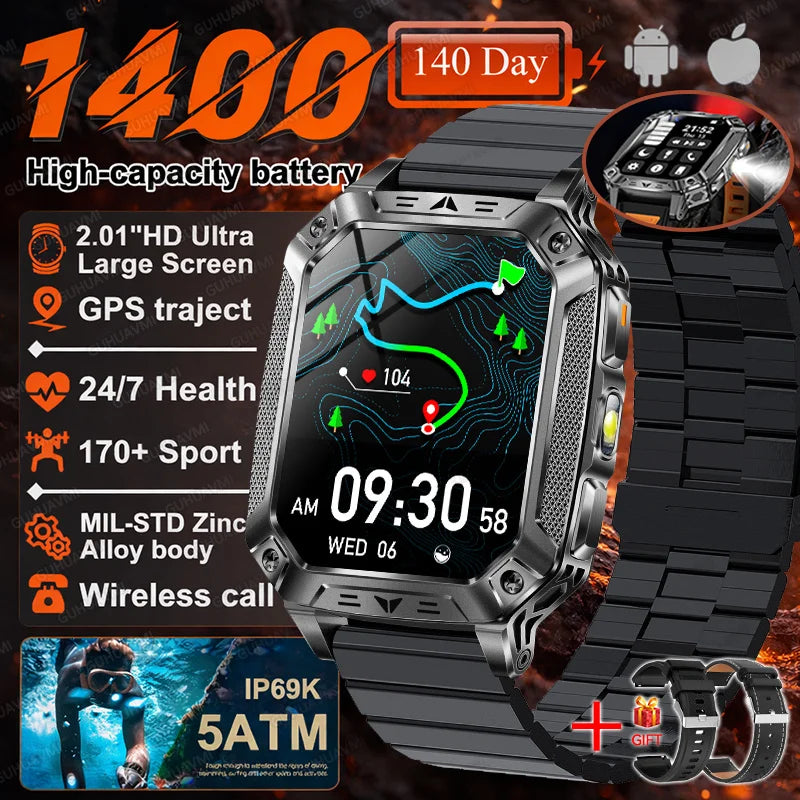 Smartwatch Militar 2026 – À Prova d'Água (5ATM), Bateria de 1400mAh, GPS, Tela AMOLED HD de 2,01"