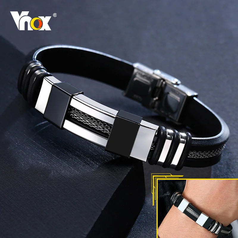 Pulseira Masculina Vnox em Aço Inoxidável e Silicone – Estilo Punk Casual com Detalhe de Leme e Sulcos Pretos