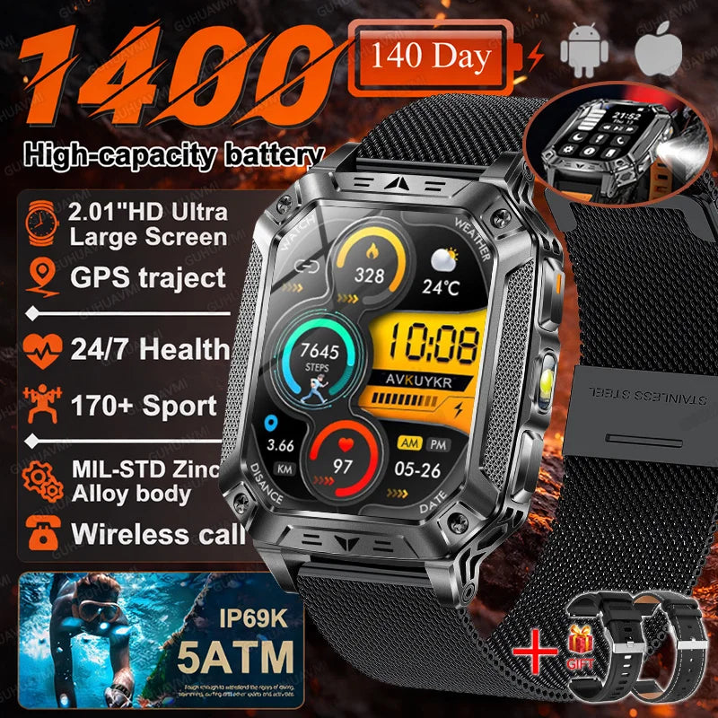Smartwatch Militar 2026 – À Prova d'Água (5ATM), Bateria de 1400mAh, GPS, Tela AMOLED HD de 2,01"