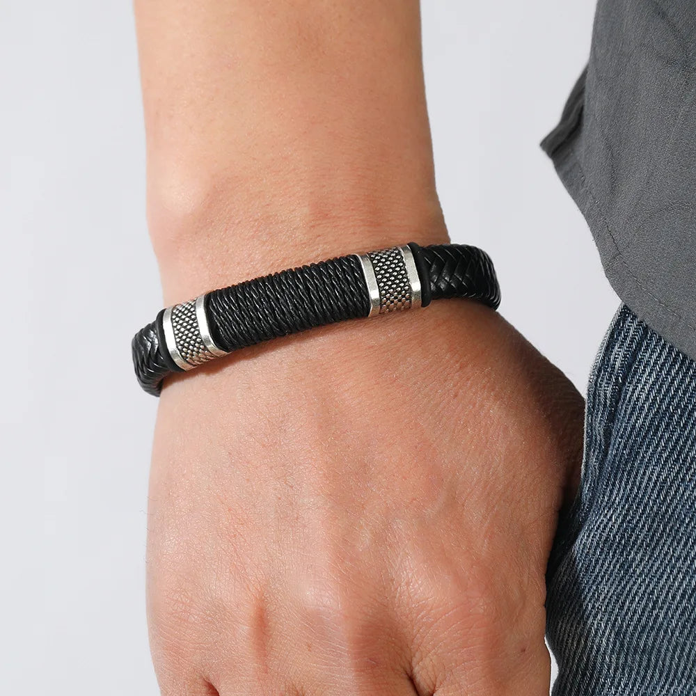 Pulseiras de couro legítimo - Aço inoxidável e corda trançada em múltiplas camadas