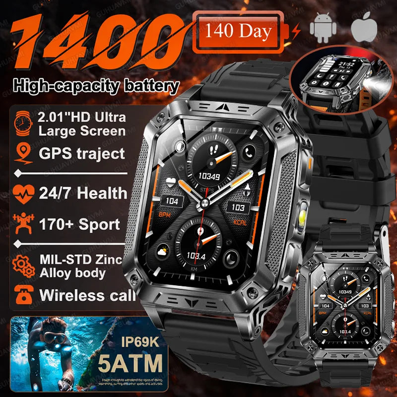 Smartwatch Militar 2026 – À Prova d'Água (5ATM), Bateria de 1400mAh, GPS, Tela AMOLED HD de 2,01"
