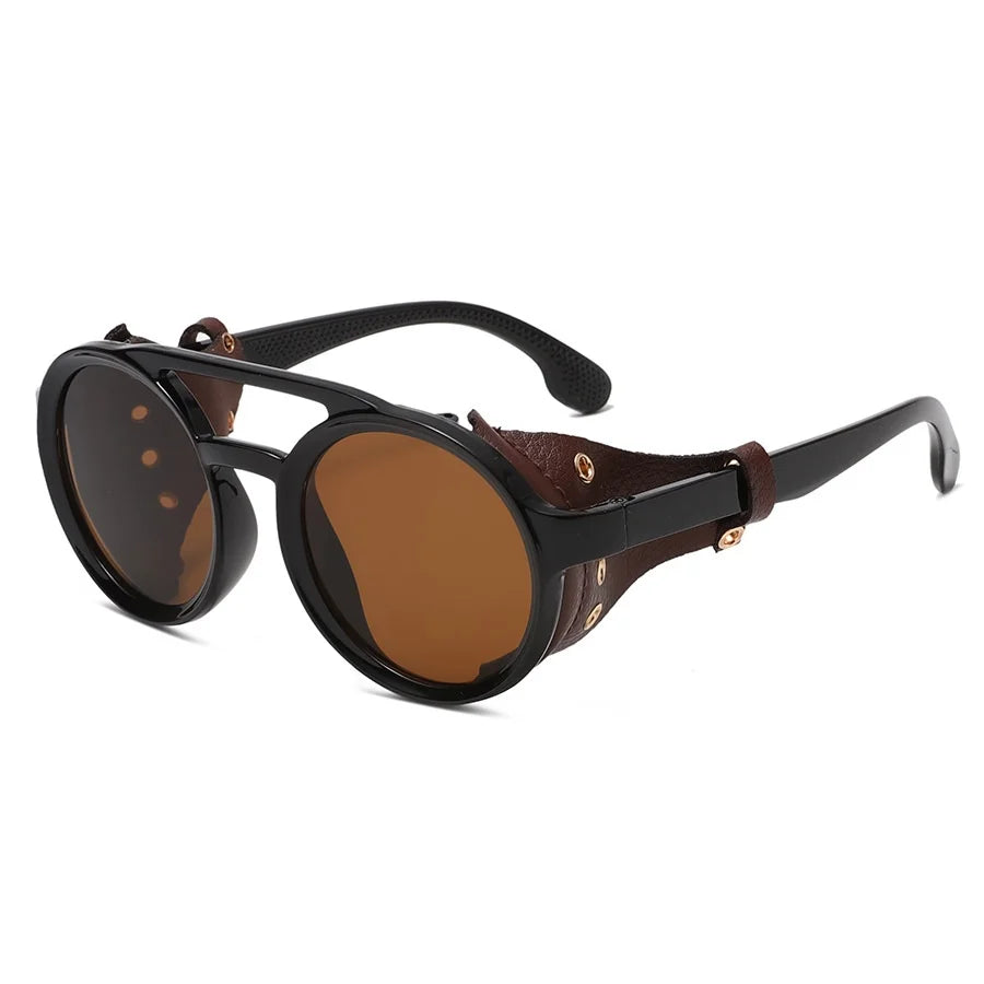 Óculos de Sol Retrô – Estilo Vintage com Detalhes em Couro, Lentes Redondas – Proteção UV400