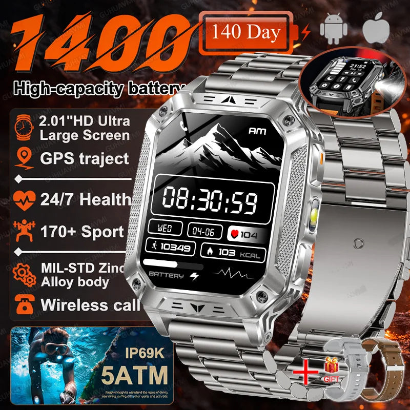 Smartwatch Militar 2026 – À Prova d'Água (5ATM), Bateria de 1400mAh, GPS, Tela AMOLED HD de 2,01"