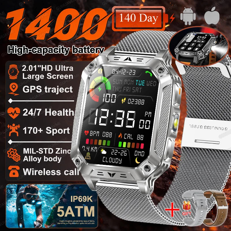 Smartwatch Militar 2026 – À Prova d'Água (5ATM), Bateria de 1400mAh, GPS, Tela AMOLED HD de 2,01"