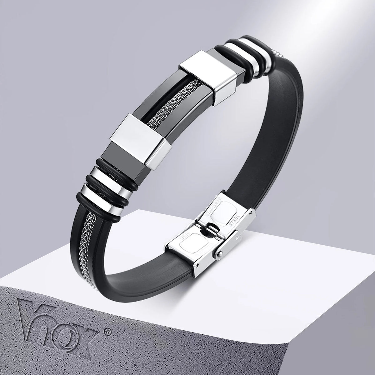 Pulseira Masculina Vnox em Aço Inoxidável e Silicone – Estilo Punk Casual com Detalhe de Leme e Sulcos Pretos