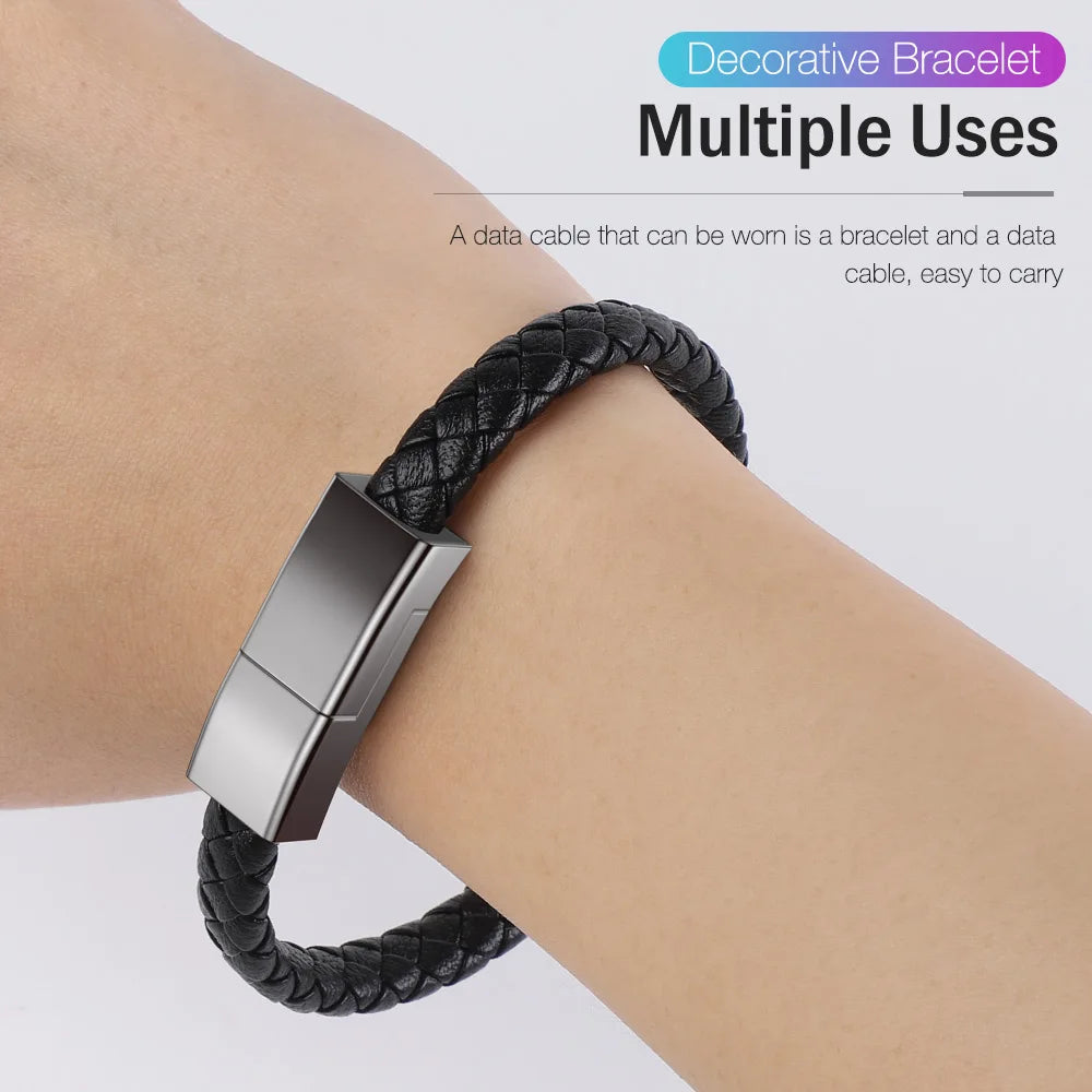 Cabo de Carregamento Rápido Portátil em Formato de Pulseira – Compatível com iPhone 11, 12, 13, 14 Pro Max, Samsung, Huawei, Xiaomi (USB, Micro-USB e Tipo-C)