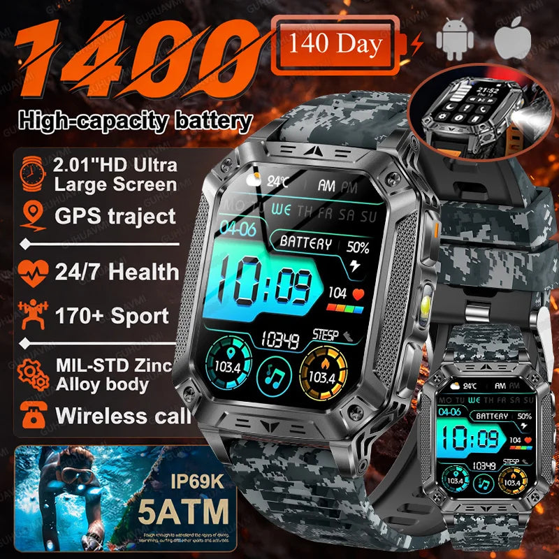 Smartwatch Militar 2026 – À Prova d'Água (5ATM), Bateria de 1400mAh, GPS, Tela AMOLED HD de 2,01"