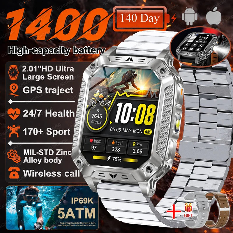 Smartwatch Militar 2026 – À Prova d'Água (5ATM), Bateria de 1400mAh, GPS, Tela AMOLED HD de 2,01"