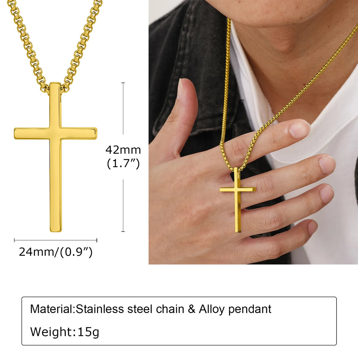 Colar com Pingente de Cruz Vnox para Homens – Pingente de Cruz em Liga Metálica Lisa com Corrente de Aço Inoxidável Tipo Veneziana