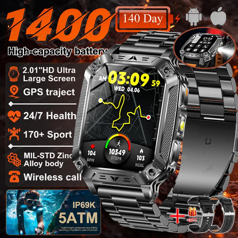Smartwatch Militar 2026 – À Prova d'Água (5ATM), Bateria de 1400mAh, GPS, Tela AMOLED HD de 2,01"