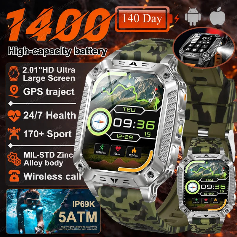 Smartwatch Militar 2026 – À Prova d'Água (5ATM), Bateria de 1400mAh, GPS, Tela AMOLED HD de 2,01"