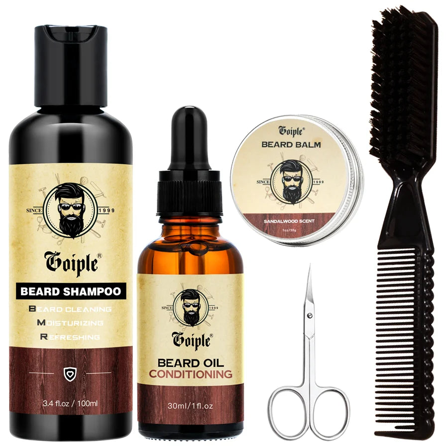 Kit de Cuidados para Crescimento de Barba GOIPLE: Shampoo, Óleo Condicionante, Lavagem de Limpeza Profunda, Bálsamo Hidratante e Produtos para Alinhar os Fios