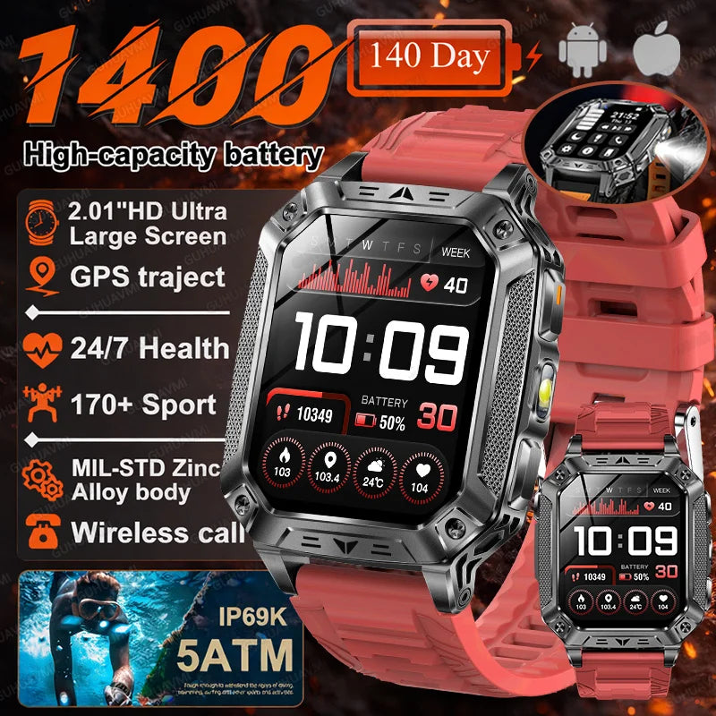 Smartwatch Militar 2026 – À Prova d'Água (5ATM), Bateria de 1400mAh, GPS, Tela AMOLED HD de 2,01"