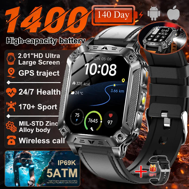Smartwatch Militar 2026 – À Prova d'Água (5ATM), Bateria de 1400mAh, GPS, Tela AMOLED HD de 2,01"
